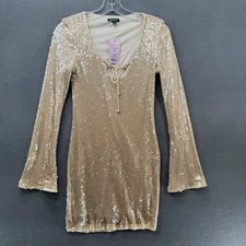 Wild Fable Mini Cocktail Dress Womens XS Beige Sequin Scoop Neck Bell Sleeve NWT