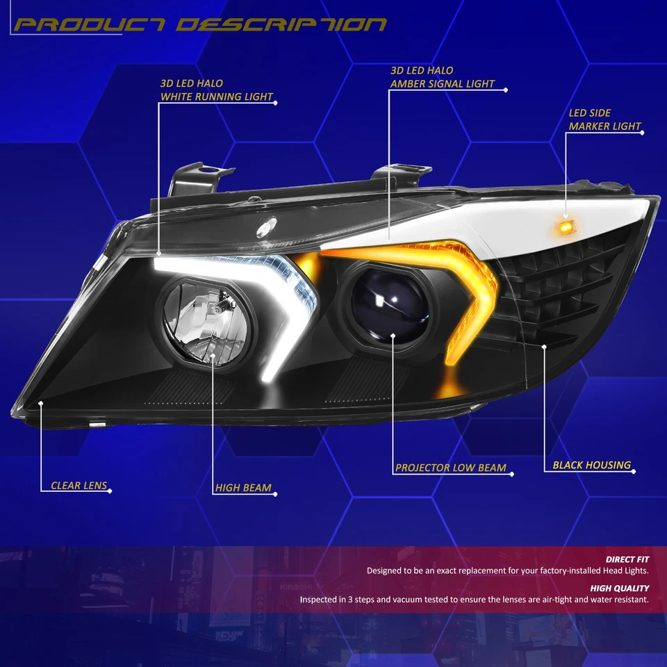 Faros proyectores de señal de retroceso LED DRL para BMW E90 2005-2008 sedán negros Foto 2 de 4