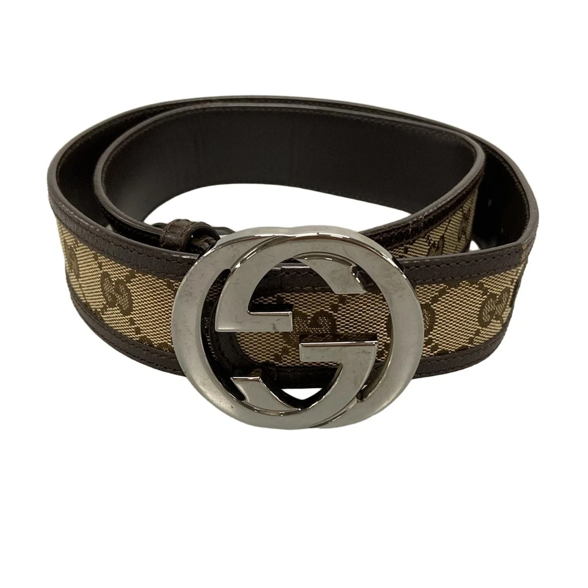 Authentique ceinture GUCCI 114876 beige marron foncé argent jacquard cuir quincaillerie