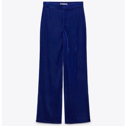 Zara Blue Velvet Velour High Waist Wide Flared Leg Crop Ankle Trousers Pants S - Picture 5 of 14