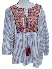 Savanna Jane Embroidered Boho Peasant Top Size 2X Linen Blend