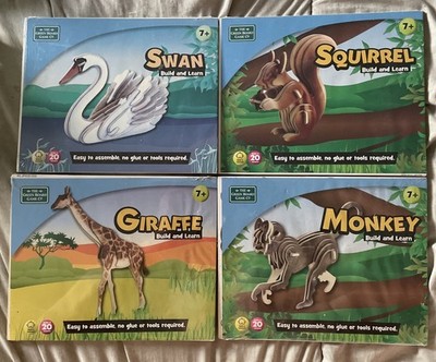 4x Holz 3D Tier Puzzle-Schwan/Eichhörnchen/Giraffe/Affe-NAGELNEU VERSIEGELT