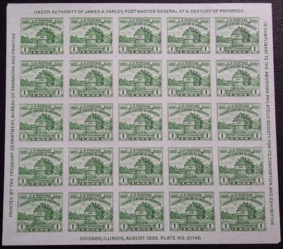 #ad US Scott # 730 Ft Dearborn 1¢ Imperforate Farley Sheet of 25 Stamps MHNG $6.95