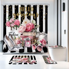 Pink Floral Fashion Flower 4Pcs Bathroom Shower Curtain Set with Rugs