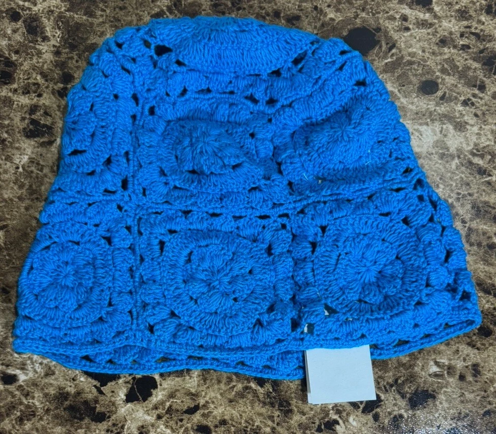 Free People x Rahi SADIE Hand Crocheted Beanie Bucket Hat TURQUOISE BLUE NWT $48