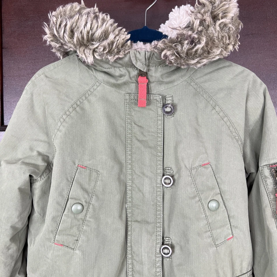 Boden 5-6Y Winter Coat Jacket Parka Green Front Pockets Faux Fur Trim Hood - Image 3 of 4