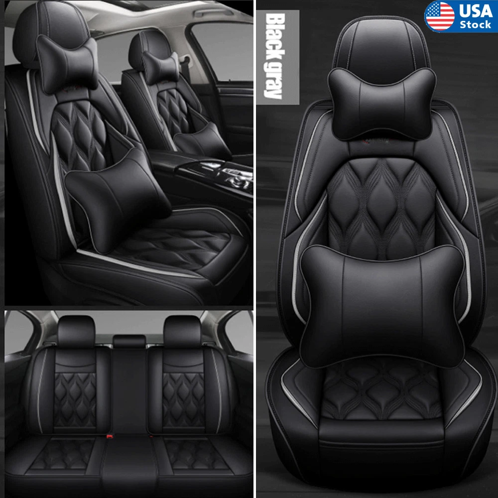 Luxury PU Leather 5 Seats Auto Cushions Car Seat Cover w Headrest Lumbar Pillow