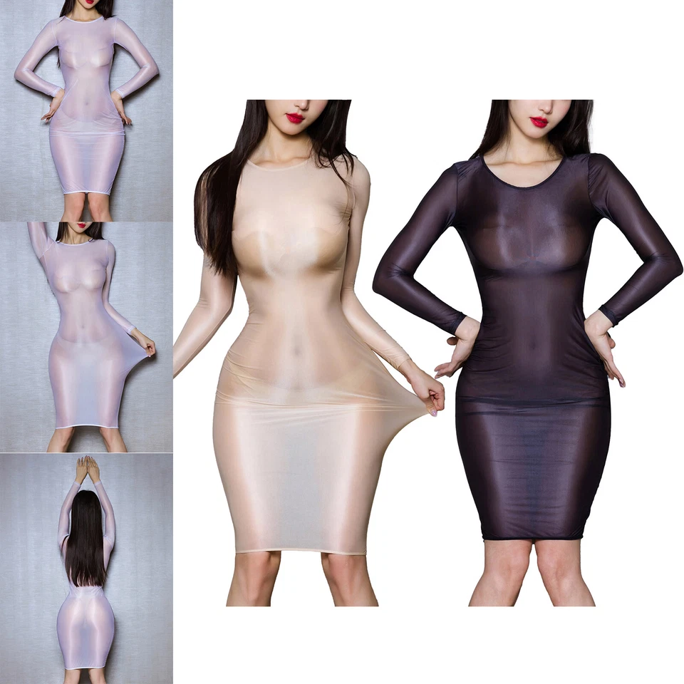 UK Womens Glossy Swimsuit Longsleeve Party Bodycon Slim Sexy Cover Up Midi Dress - Image 3 of 4