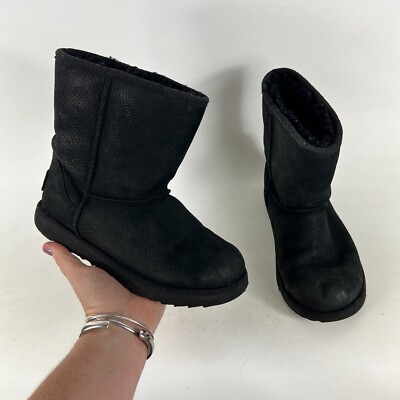 Ugg Classic Short II Snow Boots Kids Black Leather Pull On Waterproof  1019646