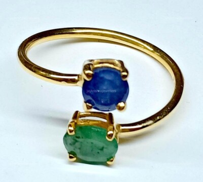 14K Gold Saphir Smaragd Cocktailring, Handgefertigt Prong-Fassung, Gelbgold