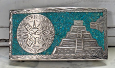 Aztec Belt Buckle, VHLC Plata de Jalisco .925 Sterling Silver Turquoise, Vintage