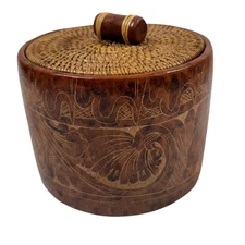 Market Bazaar Stoneware Ceramic Terracotta Canister Woven Lid 5x6.5 Rustic Boho