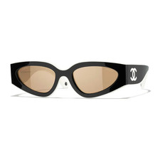 Chanel CH6056 Cat Eye Sunglasses 54mm Black White Beige Lens Women