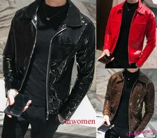 Glossy Men's Faux Leather Jacket Motor Coat Long Sleeve Casual Korean Slim Fit