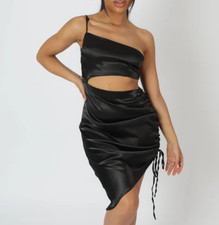 Kaiia The Label Asymmetric Cut Out Ruched Satin Midi Dress Black US Size 4 NWT