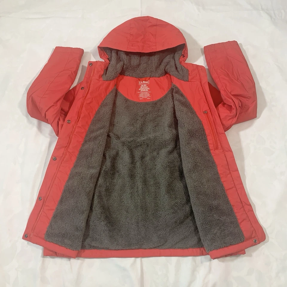 LL Bean XL Pet Misses Full Zip Snap Puffer Rain Jacket Hooded Fleece Lined Red - Image 3 of 4