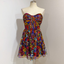 Jill Stuart Women's Silk Strapless Watercolor Pleated Mini Dress Size 8