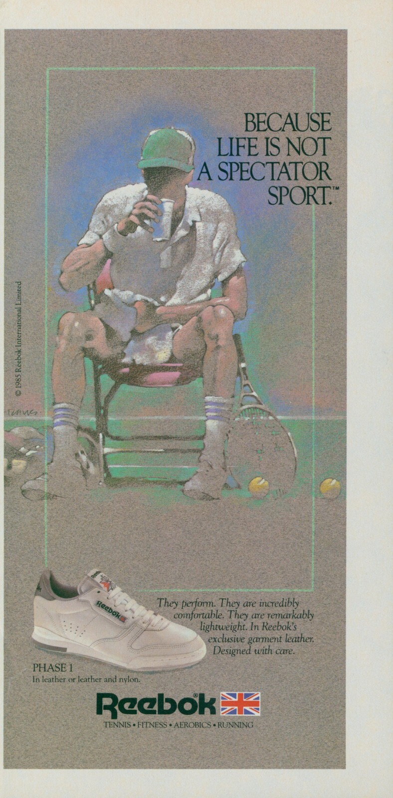 1985 Reebok Sneakers Ad Life Is Not A Spectator Sport Tennis Player SI19