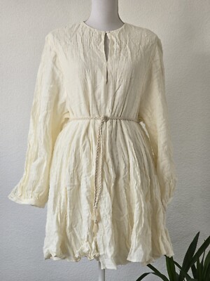 H&M Tie-belt balloon-sleeved dress in cream size 12 | eBay UK