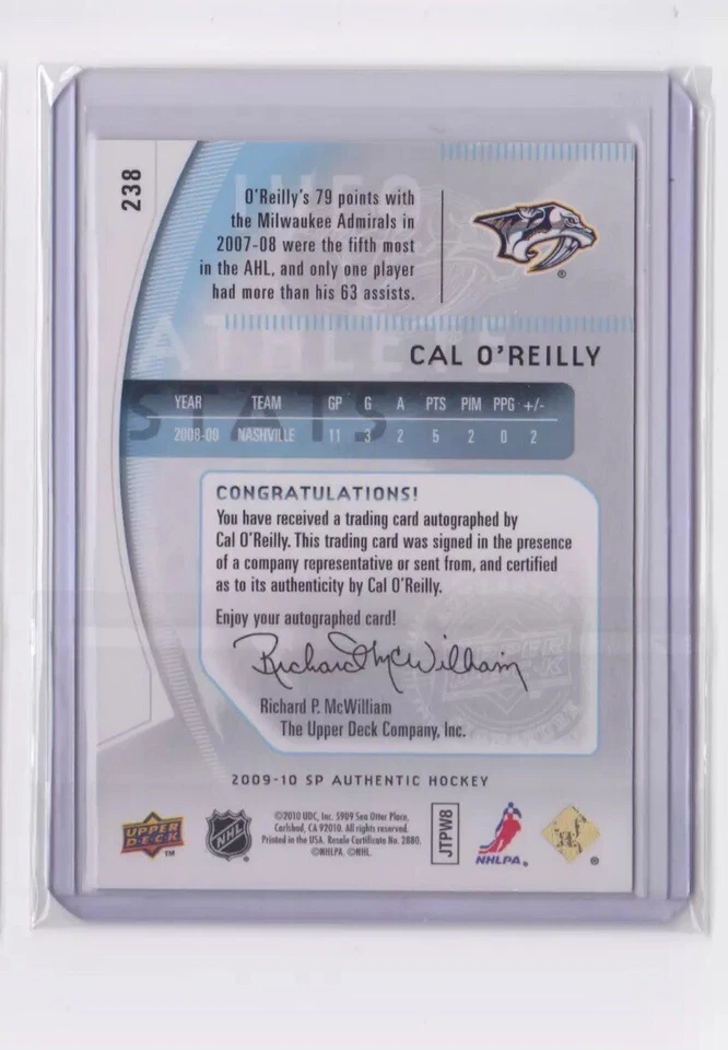 2009-10 UD SP AUTHENTIC FUTURE WATCH AUTO /999 CAL O'REILLY #238 PREDATORS - Image 2 of 2