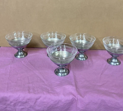 5 RARE Elegant Depression Era Etched Glass Dessert Dishes w Stainless Holder