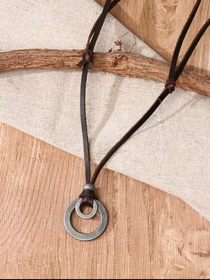 Mens Brown Leather Cord Necklace Bronze Metal Double Ring Pendant