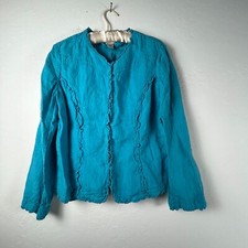 Chico s Womens 100 Linen Jacket Blazer Size 1 Aqua Blue Ruffle Trim Long Sleeve