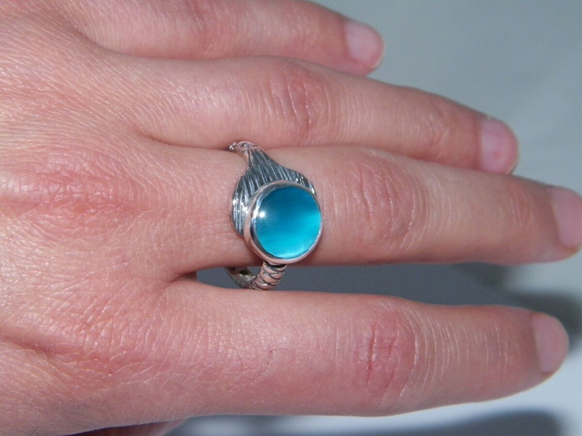 Hand Made H2O Just Add Water Mako Mermaid Tail Ring Natural Sky Topaz 7mm  925 SS