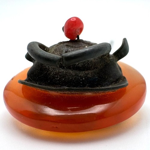 Antique Chinese Hairpin With Ox Motif Carnelian? Glass ? & Metal Design - Picture 6 of 10