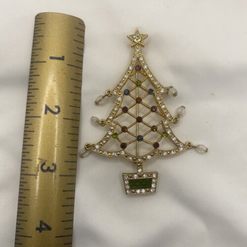 Avon Christmas Tree Brooch Pin Open Wire Dangle Bead Rhinestone 2005 Annual LG - Picture 2 of 5
