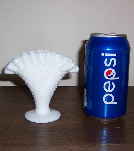Fenton Hobnail Fan Vase - Crimped Ruffled Edge - 4" - Milk Glass - Unmarked