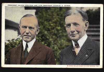1925+ Prez Calvin Coolidge VP Charles Dawes Jugate Color Portrait Postcard