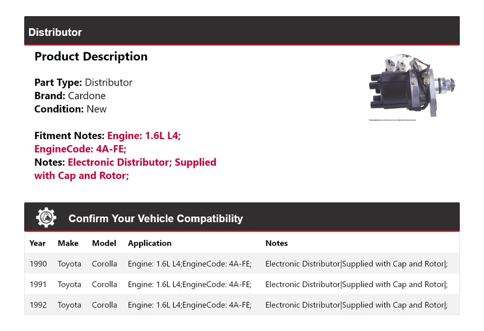 Para Toyota Corolla 1990-1992 1,6 L L4 distribuidor Cardone 1991 Foto 2 de 4