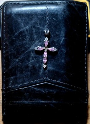 Vintage RJ 925 Silver Cross Pendent Pink CZ  Stamped