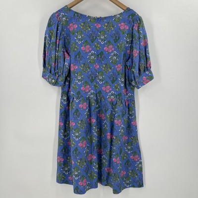 Ann Taylor Loft Babydoll Linen Dress Womens Size 10 Blue Floral Cottagecore