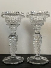 VTG Fostoria American Glass Candlestick Holders w/2 Votive Inserts Cube Pattern
