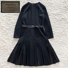 PRADA Dress Size L Pleated Design Sheep Skin Wool Black with Leather Belt