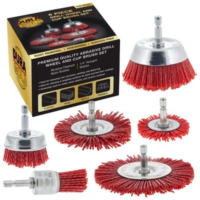 6 pc Abrasive Filament Nylon Bristle Drill Wheel and Cup Brush Set, 1/4'' Drill