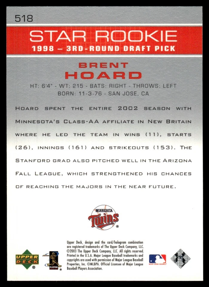 2003 Upper Deck Brent Hoard Rookie Minnesota Twins #518 SR - Image 2 of 2