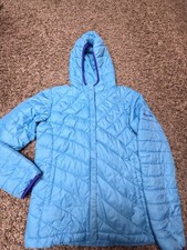 COLUMBIA Girl's 14 16 Warm Hooded Puffer Jacket Parka Blue Full Zip Purple Trim