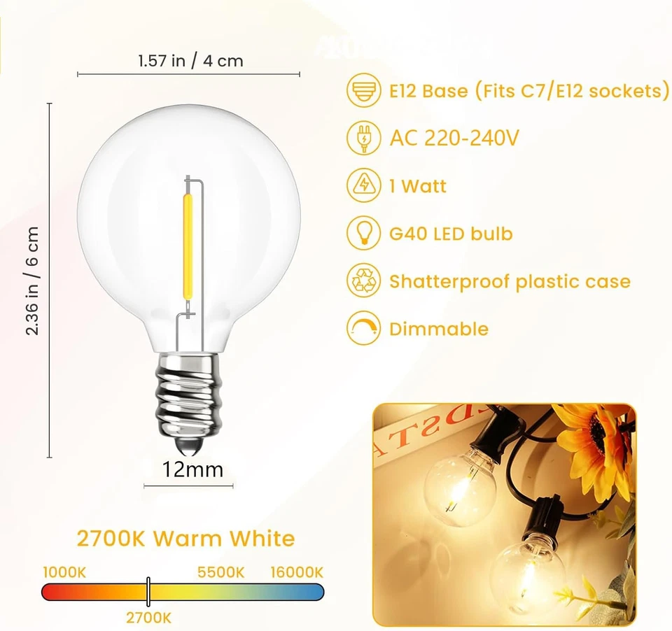 G40 LED Lampadina Di Ricambio per Catena Luminosa AC220-240V E12 Edison Stile Vi - Immagine 2 di 4