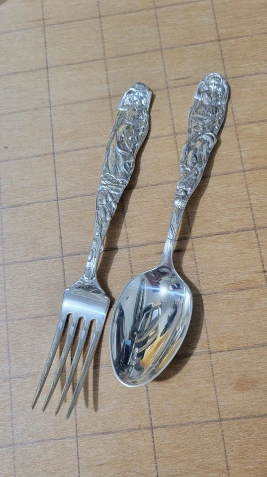 Juego de tenedores y cucharas Tiffany & Co 1910 antiguo raro Silver Jack & Jill, Nursery Ryme Foto 4 de 4