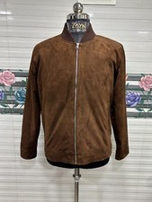 Men's 100% Pure Suede Leather Brown Bomber Jacket Classic Baseball Biker Jacket