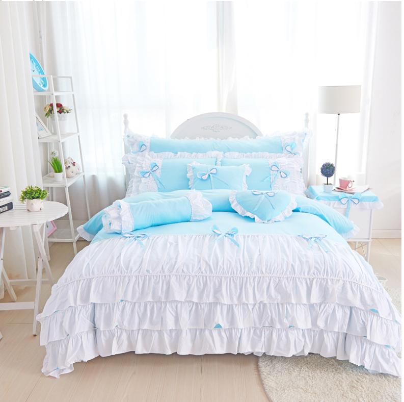 Quilt Cover Solid Color Princess Wind Comfortable Soft Cotton Quilt Set Bed Skirt Four-piece