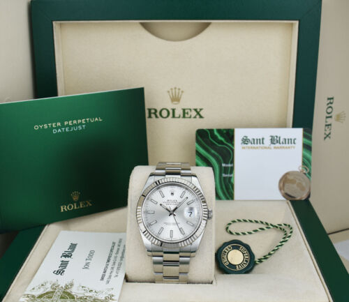ROLEX White Gold & SS DateJust 41 Silver Index Oyster Band 126334 SANT BLANC