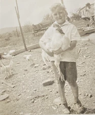 1920s Young Little Boy Holding Large Chicken Rooster Coop Farm Original Photo