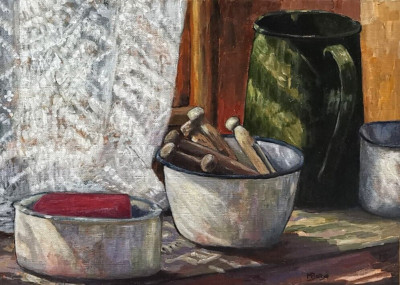 Omas Waschtag - Original Margaret Battye Gemälde - gerahmt - signiert
