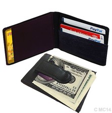 BLACK LEATHER BIFOLD MONEY CLIP Credit Wallet Holder Metal ID Badge New 