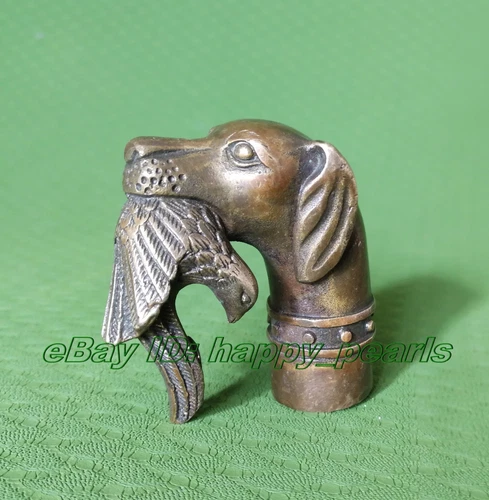 VICTORIAN OLD BRONZE HAND CARVED DOG BITE BIRD STATUE WALKING STICK HEAD RARE