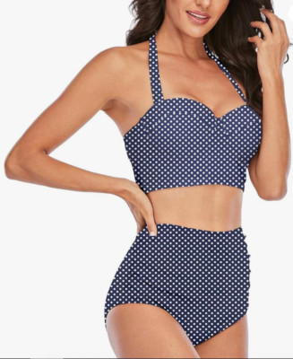 NWT! AIXY Vintage-Look Polka-Dot High-Waisted Two-Piece Bikini Swimsuit, XL 8/10